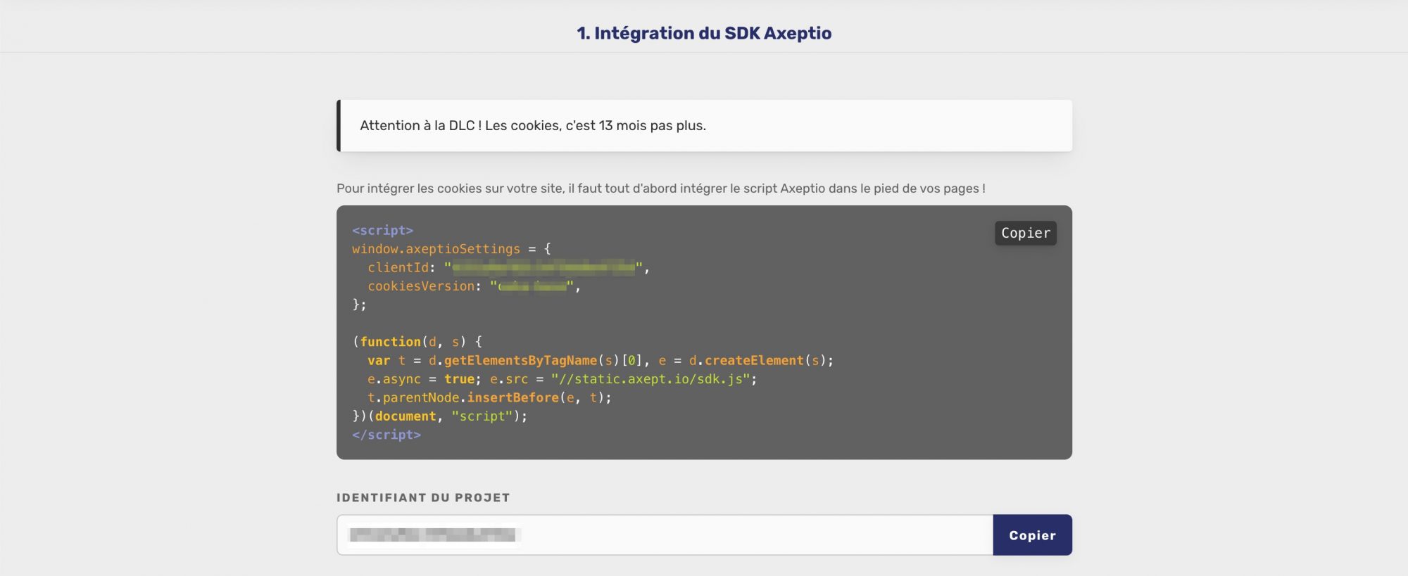 Interface de récupération du code d'intégration du SDK de Axeptio