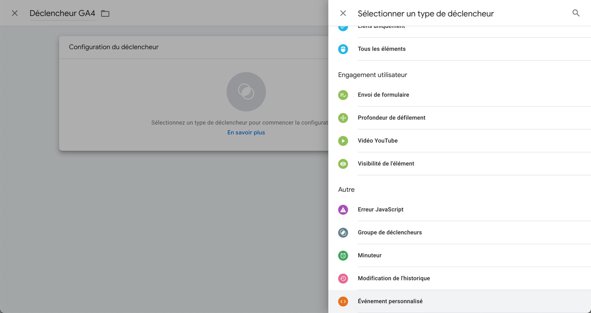 Capture d'écran de l'interface de GTM, différents types de déclencheurs GTM